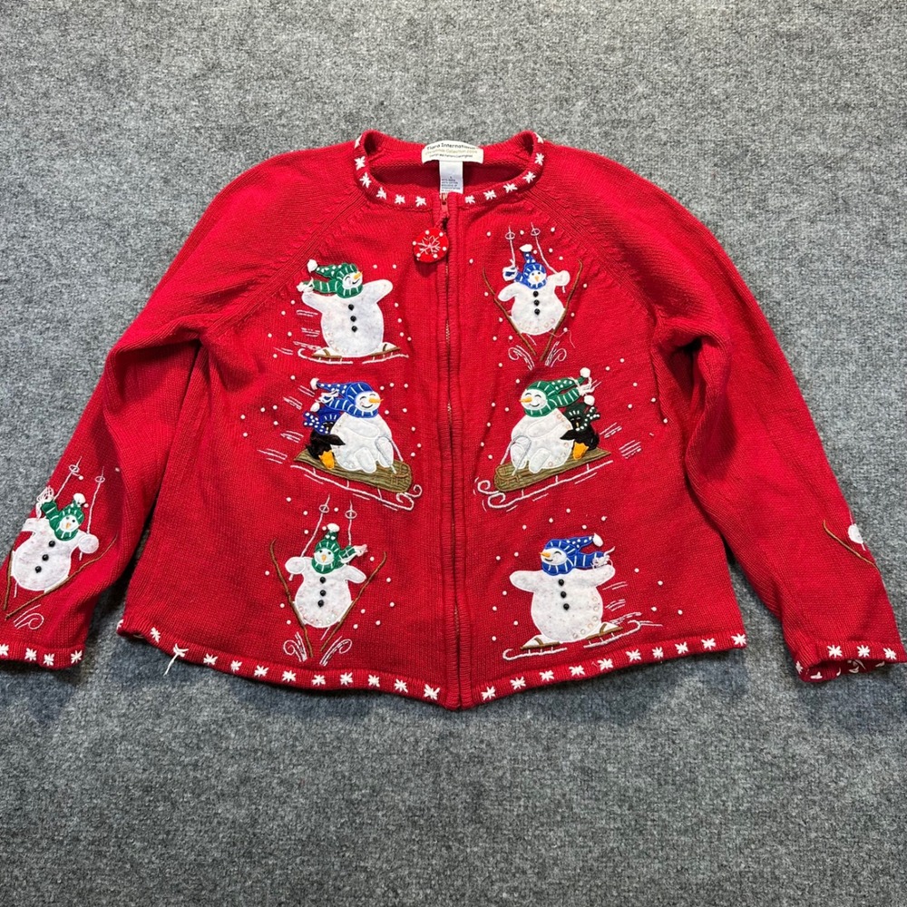 Tiara International 2004 Christmas Sweater Women L Red Snowman Kitschy Cottage